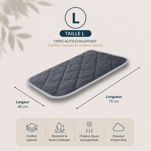 Schéma des dimensions du tapis auto chauffant taille L pour chat gris : 70 cm de long et 48 cm de large.
