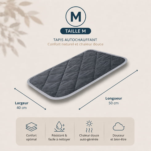 Schéma des dimensions du tapis auto chauffant taille M pour chat gris : 50 cm de long et 40 cm de large.
