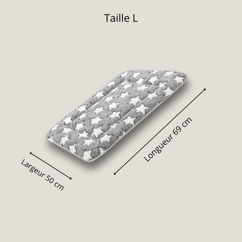 Schéma taille L du tapis chauffant pour chat gris à étoiles : 69 cm de long et 50 cm de large.