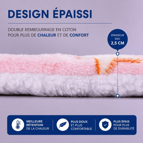 Détail d’un tapis chauffant pour chat en peluche épaisse avec double rembourrage pour plus de chaleur, de confort et de douceur