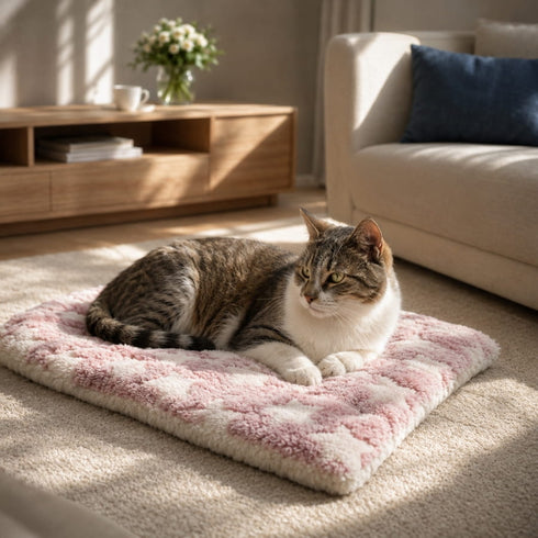 Tapis chauffant pour chat en peluche rose et blanche avec chat tigré allongé dans un salon cosy et lumineux