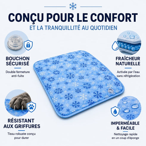 Tapis fraîcheur chat en gel bleu présentant ses principales caractéristiques : bouchon sécurisé, fraîcheur naturelle, résistance aux griffures et surface imperméable.