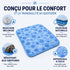 Tapis fraîcheur chat en gel bleu présentant ses principales caractéristiques : bouchon sécurisé, fraîcheur naturelle, résistance aux griffures et surface imperméable.