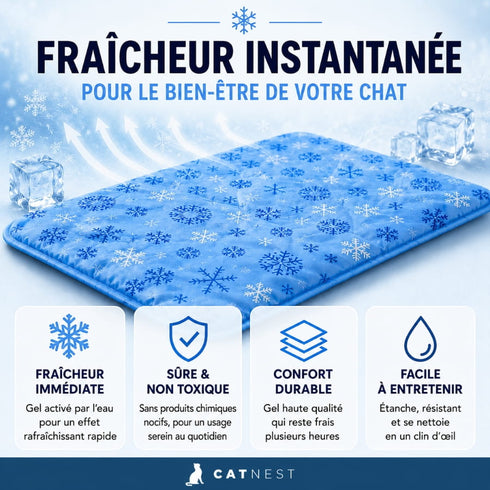 Tapis fraîcheur chat en gel bleu avec effet rafraîchissant instantané, mettant en avant ses principaux avantages : confort, sécurité, durabilité et entretien facile.