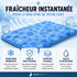 Tapis fraîcheur chat en gel bleu avec effet rafraîchissant instantané, mettant en avant ses principaux avantages : confort, sécurité, durabilité et entretien facile.