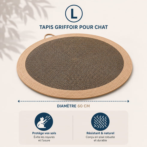 Tapis griffoir pour chat taille L de 60 cm de diamètre, en carton ondulé avec bordure beige, durable et idéal pour les chats de grande taille.