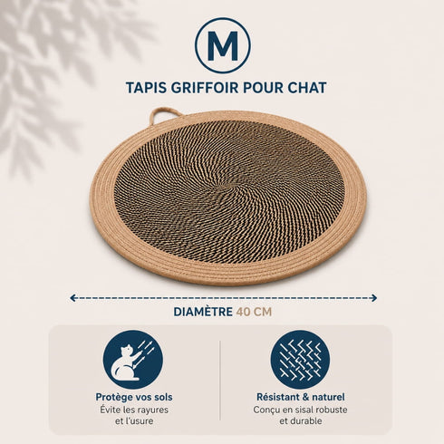 Tapis griffoir pour chat taille M de 40 cm de diamètre, en carton ondulé avec bordure beige, résistant et conçu pour protéger les sols.