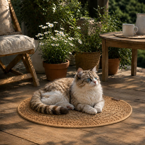 Chat allongé sur un tapis griffoir rond en jute beige sur une terrasse en bois, idéal pour le repos et l’entretien des griffes du chat.
