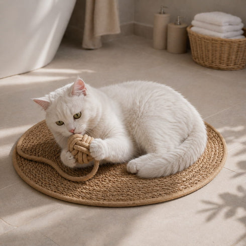 Tapis griffoir rond pour chat en fibres naturelles avec jouet corde intégré et chat blanc allongé dans une pièce lumineuse et apaisante