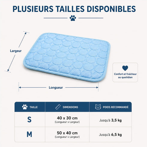 Dimensions du tapis rafraîchissant pour chat bleu avec tailles S (40 × 30 cm) et M (50 × 40 cm), poids recommandés jusqu'à 6,5 kg.