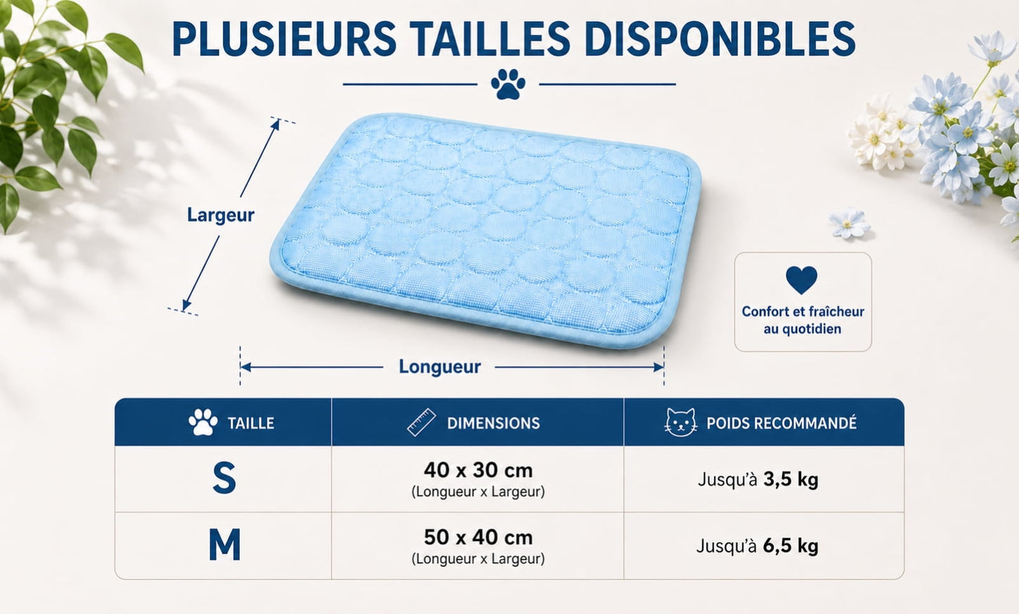 Tapis rafraîchissant pour chat bleu présenté avec ses dimensions S et M, de 40 × 30 cm à 50 × 40 cm, selon le poids du chat (version desktop)