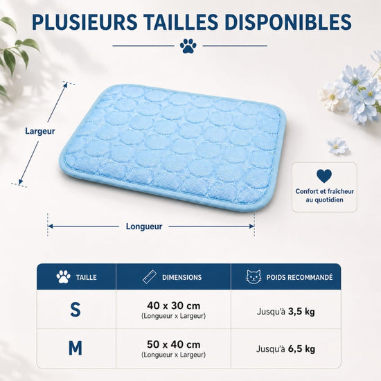 Tapis rafraîchissant pour chat bleu présenté avec ses dimensions S et M, de 40 × 30 cm à 50 × 40 cm, selon le poids du chat (version mobile)
