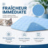 Tapis rafraîchissant pour chat bleu en tissu Ice Silk offrant une sensation de fraîcheur immédiate, une structure respirante et un entretien facile en machine.