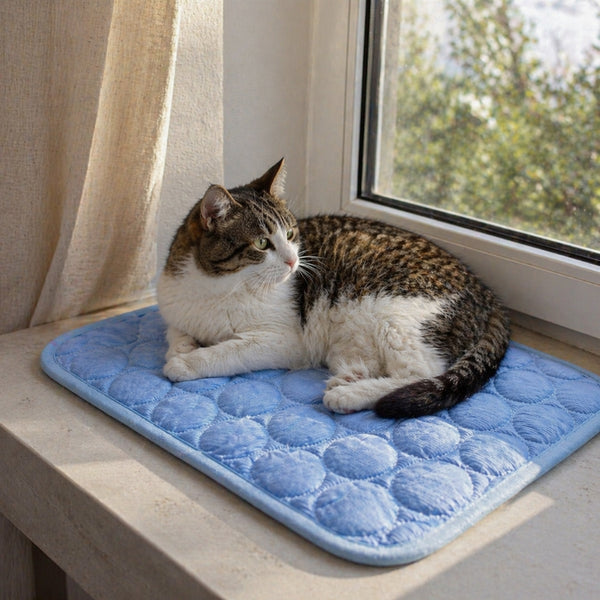 Chat allongé sur un tapis rafraîchissant pour chat bleu près d'une fenêtre, profitant d'une surface fraîche et respirante pendant les journées chaudes.
