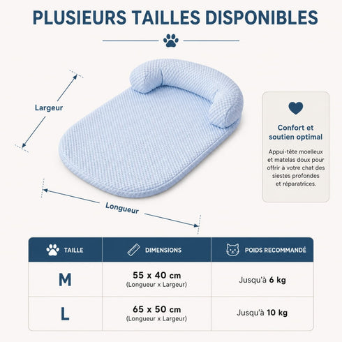 Dimensions du tapis de refroidissement pour chat bleu avec tailles M (55 × 40 cm) et L (65 × 50 cm), poids recommandés jusqu'à 10 kg.