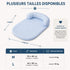 Dimensions du tapis de refroidissement pour chat bleu avec tailles M (55 × 40 cm) et L (65 × 50 cm), poids recommandés jusqu'à 10 kg.
