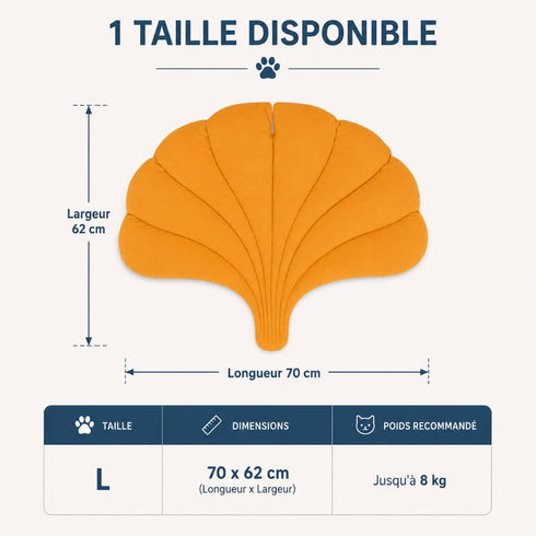 Dimensions visibles sur l’image du tapis de sol pour chat en forme de feuille orange, couchage de 70 × 62 cm recommandé pour chats jusqu’à 8 kg.