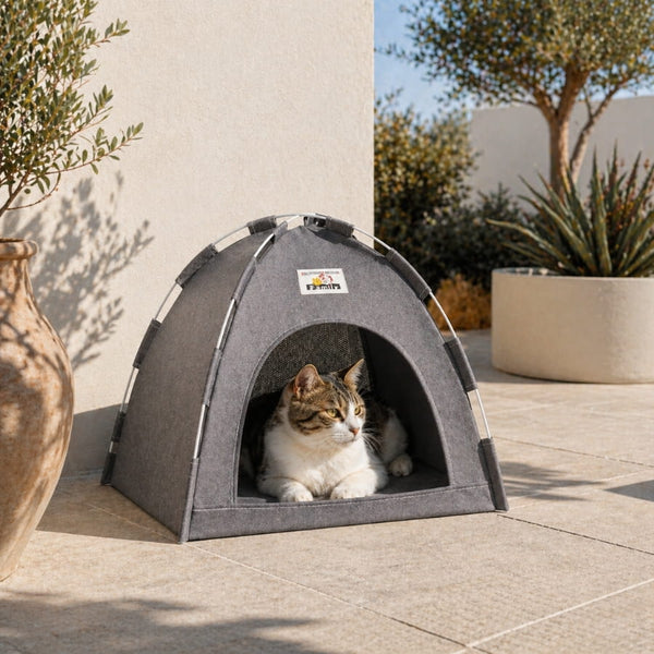 Chat allongé dans une tente grise pour chat installée en extérieur sur une terrasse ensoleillée, offrant un espace ombragé et confortable pour le repos