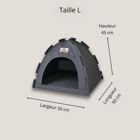 Tente pour chat en tissu gris, taille L, avec dimensions indiquées de 50 cm de largeur, 50 cm de longueur et 45 cm de hauteur, couchage fermé pour l’intérieur.
