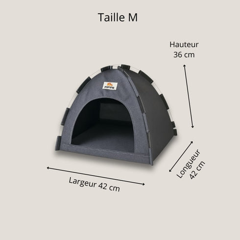 Tente pour chat en tissu gris, taille M, avec dimensions indiquées de 42 cm de largeur, 42 cm de longueur et 36 cm de hauteur, couchage fermé pour l’intérieur.