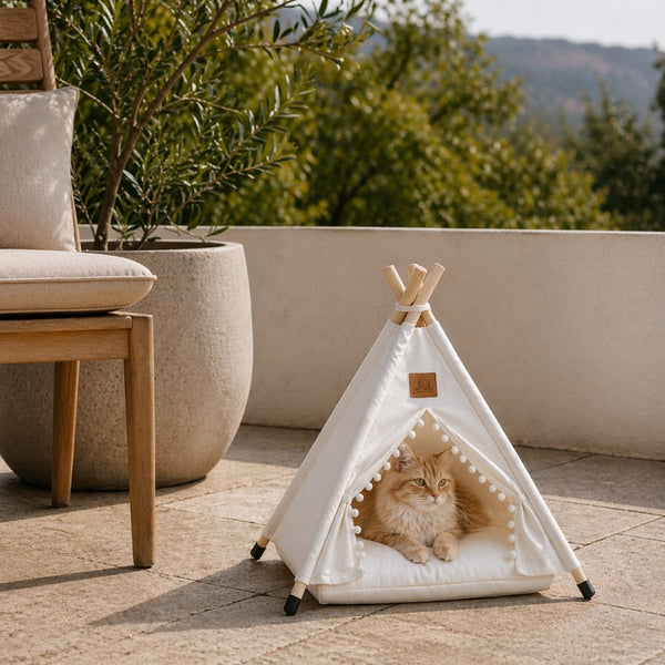 Tipi pour chat blanc avec coussin moelleux et pompons décoratifs, installé en extérieur avec un chat roux allongé dedans