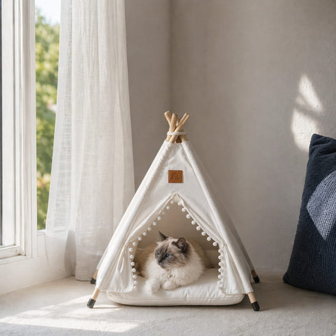 Tipi pour chat blanc avec pompons décoratifs et coussin moelleux, installé près d’une fenêtre avec un chat allongé dedans