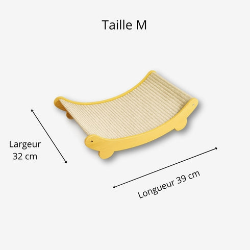 Transat pour chat en bois jaune avec toile naturelle, taille M, dimensions largeur 32 cm et longueur 39 cm, présenté en studio sur fond blanc.