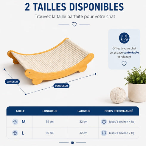 Guide des tailles du transat pour chat avec structure en bois et toile beige, disponible en M et L pour offrir un espace de repos confortable et surélevé.