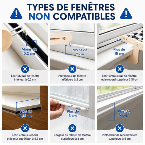 Guide des types de fenêtres non compatibles avec un hamac de fenêtre sans ventouse pour chat avec dimensions et contraintes d’installation.