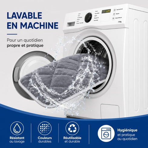 Illustration d’un tapis auto chauffant pour chat lavable en machine avec mise en avant de l’entretien facile, du séchage rapide et de la durabilité du tissu